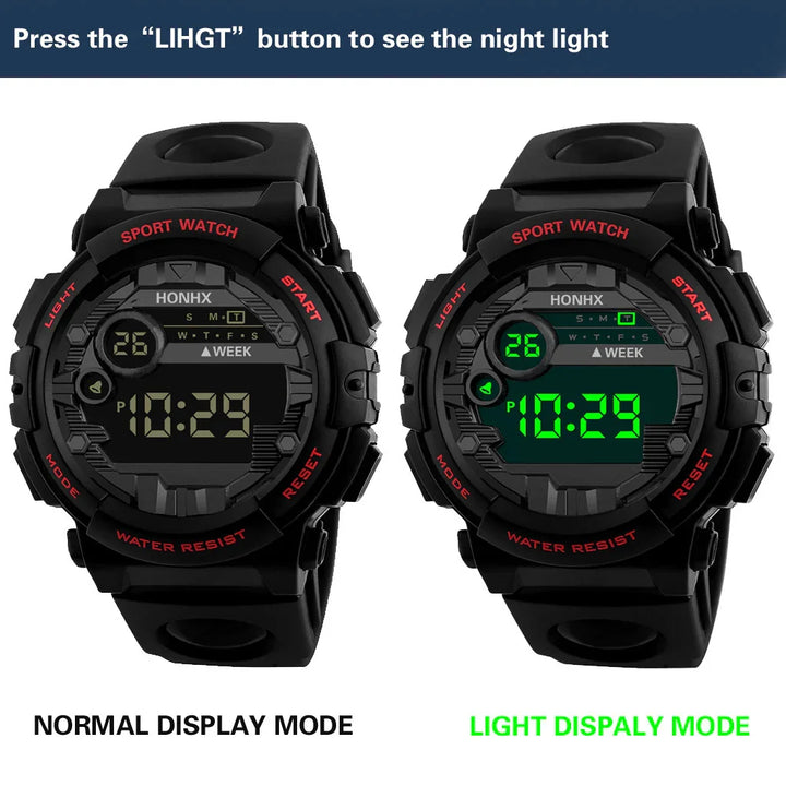 Dual images of black digital sport watch showing normal display and green backlight night light mode