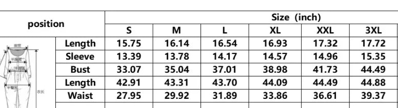 Size chart for women's top showing measurements in inches for length, sleeve, bust, and waist across sizes S to 3XL