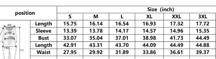 Size chart for women's top showing measurements in inches for length, sleeve, bust, and waist across sizes S to 3XL