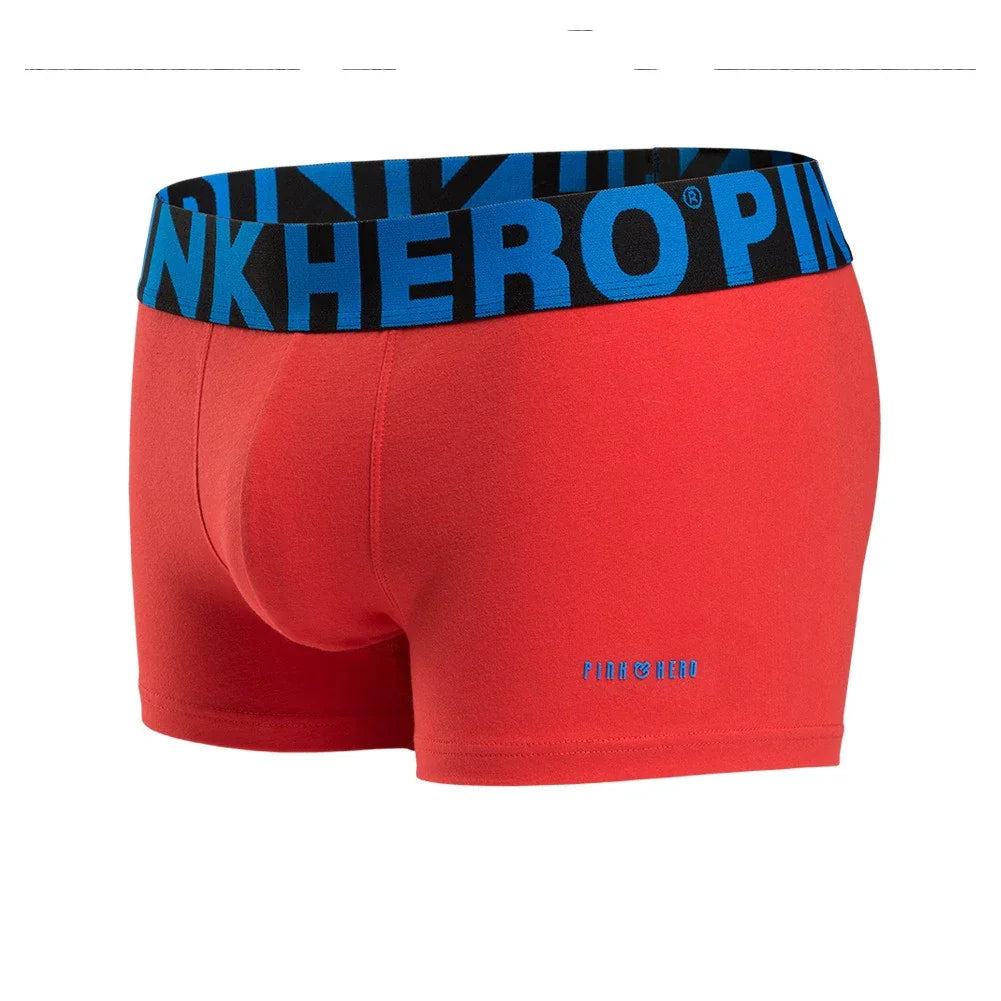Red men's boxer briefs with black and blue PINK HERO branded waistband and blue logo