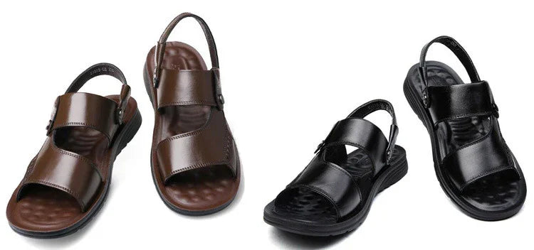 Pair of brown and black men's open-toe sandals with adjustable straps on white background