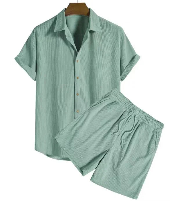 Light green short sleeve button-up shirt with matching elastic waist shorts set