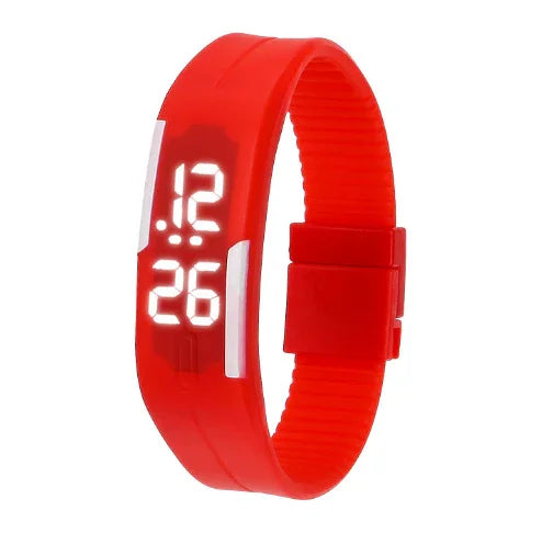 red digital LED sports watch with white time display and adjustable silicone strap