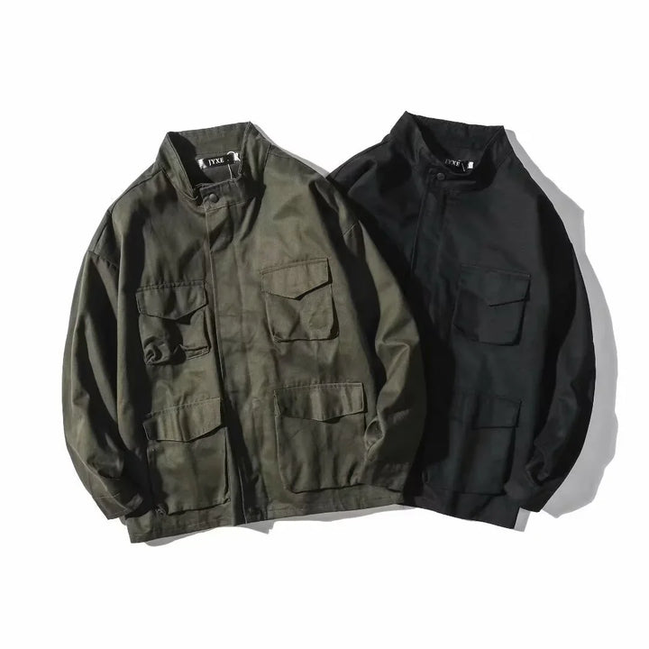 Two casual lightweight jackets with stand collars and flap pockets in olive green and black colors