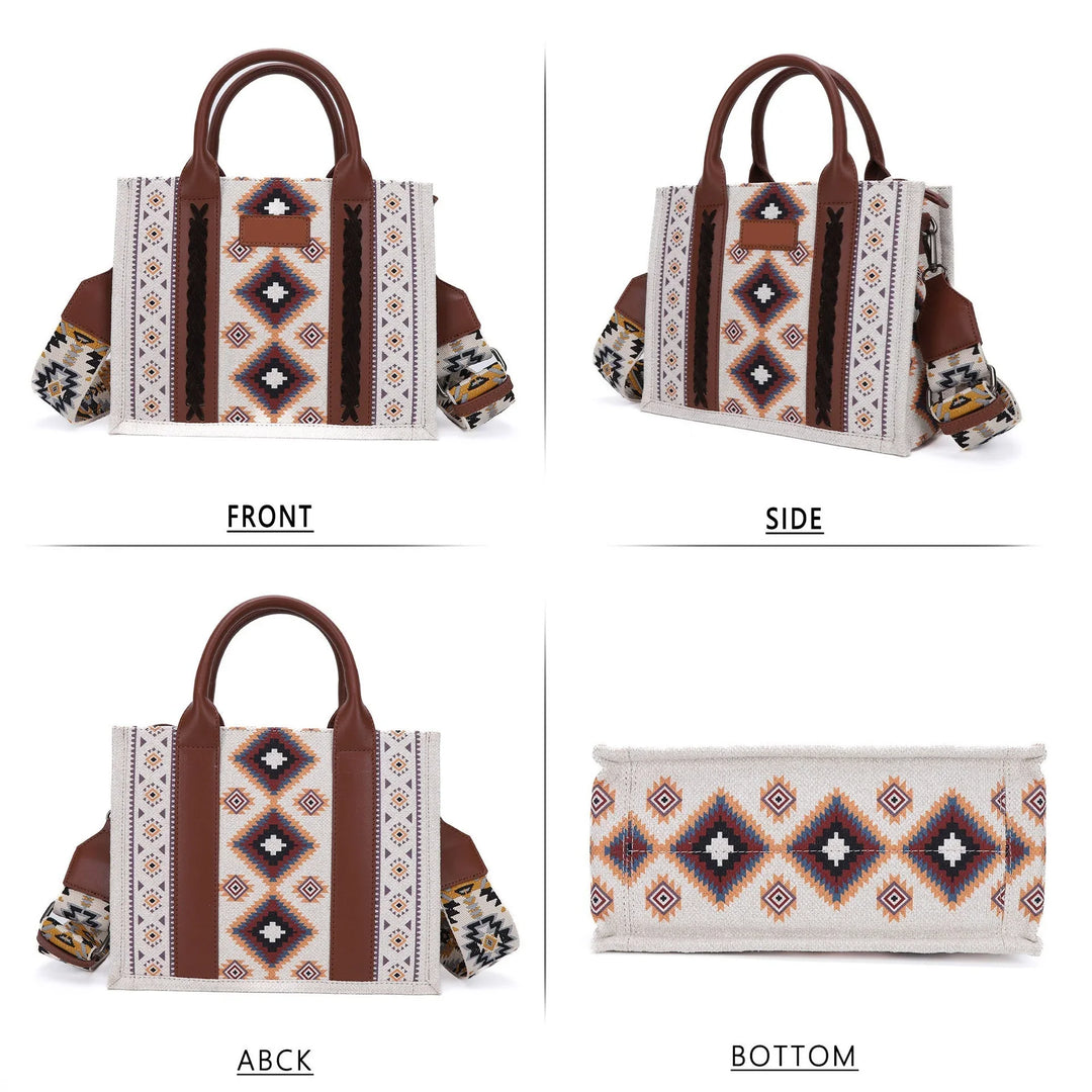 Boho style tote bag with southwestern geometric pattern, brown leather handles, and adjustable strap views