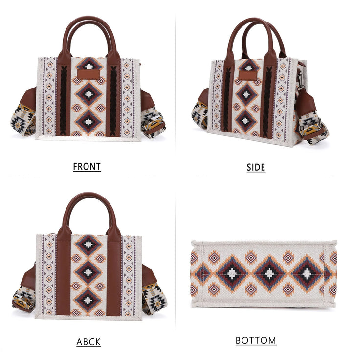 Boho style tote bag with southwestern geometric pattern, brown leather handles, and adjustable strap views