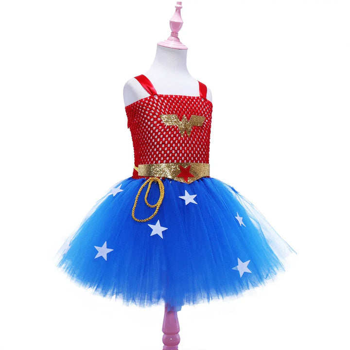 Kids Wonder Woman tutu dress with red sequin top, gold belt, and blue starry tulle skirt