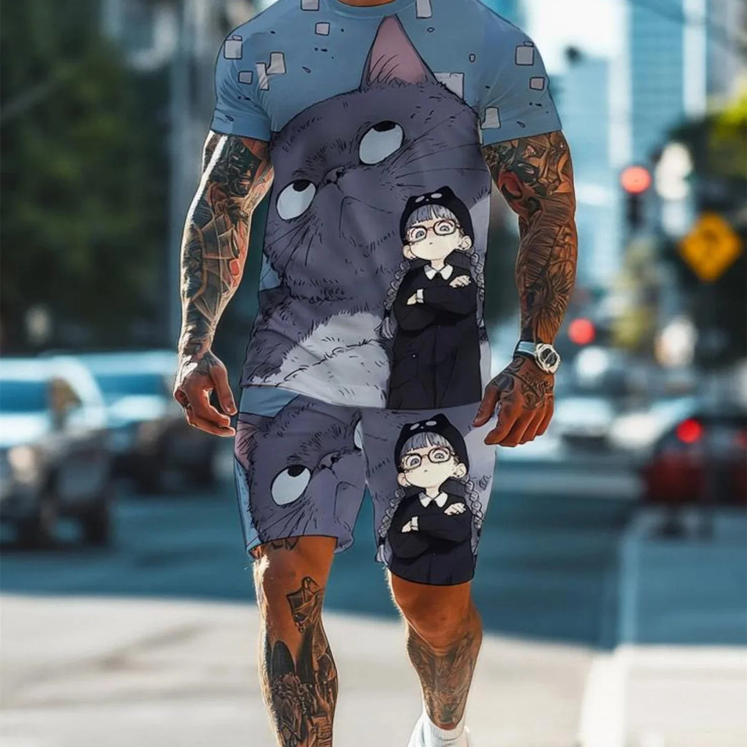 Man wearing blue matching outfit with large cartoon cat face and anime girl print on shirt and shorts