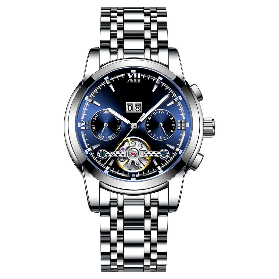 Luxury men's stainless steel wristwatch with blue dial, chronograph, day, date, and mechanical movement