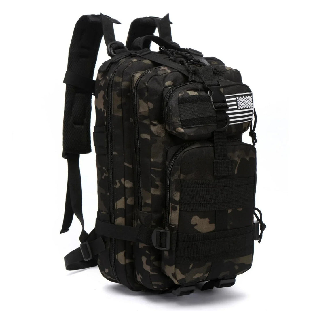 black camouflage tactical backpack with multiple compartments and an American flag patch