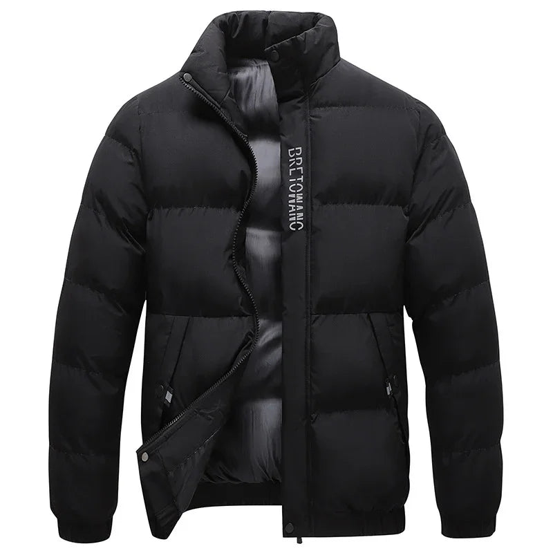 Black puffer jacket with front zipper, snap buttons, side pockets, and high collar, winter outerwear
