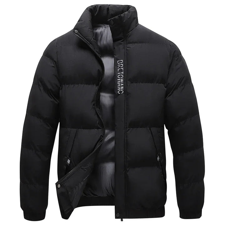 Black puffer jacket with front zipper, snap buttons, side pockets, and high collar, winter outerwear