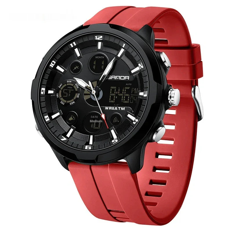 Black sports watch with digital and analog display featuring red silicone strap