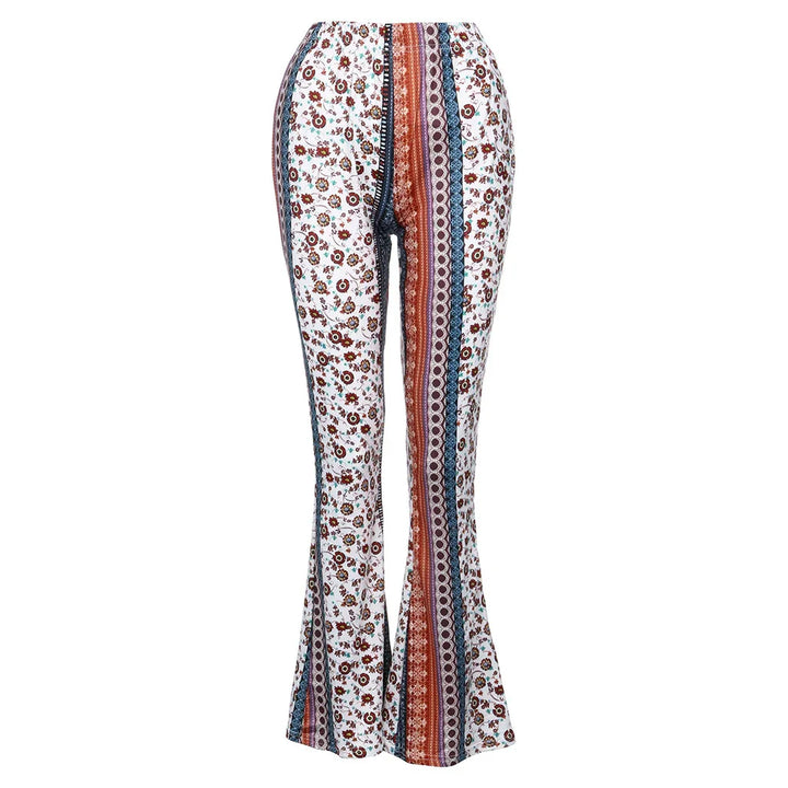 Boho-style flared pants with vertical floral and geometric stripes in red, blue, and white