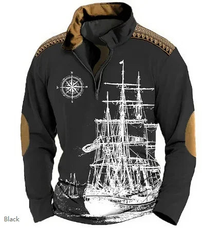 Black quarter-zip sweatshirt with white vintage ship print, compass design, tan elbow patches, and decorative shoulder trim