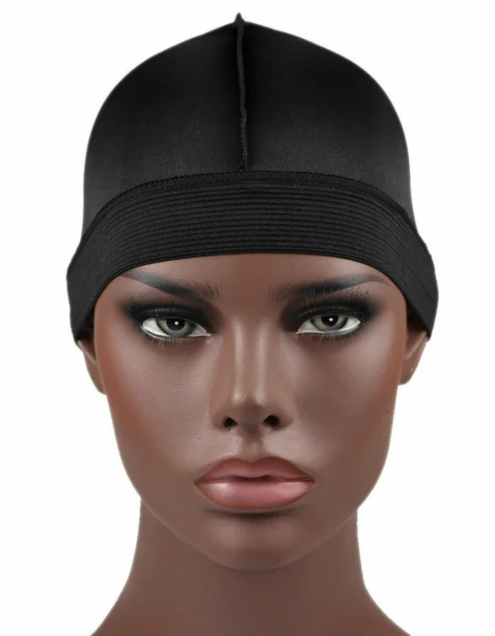 Close-up of mannequin head wearing black fitted durag cap with smooth texture