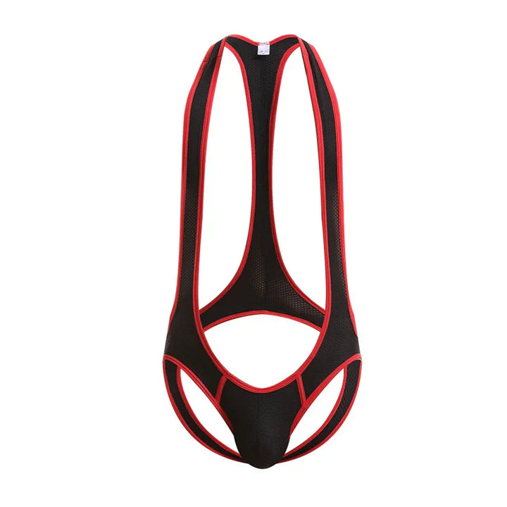 Black men's mesh singlet with red trim sports wrestling or bodybuilding wear