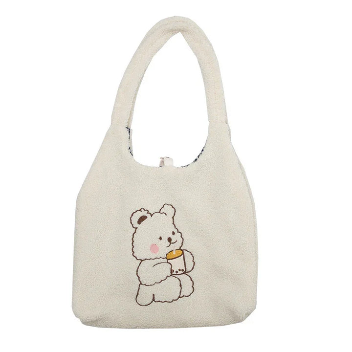 White plush tote bag with cute embroidered bear holding bubble tea design