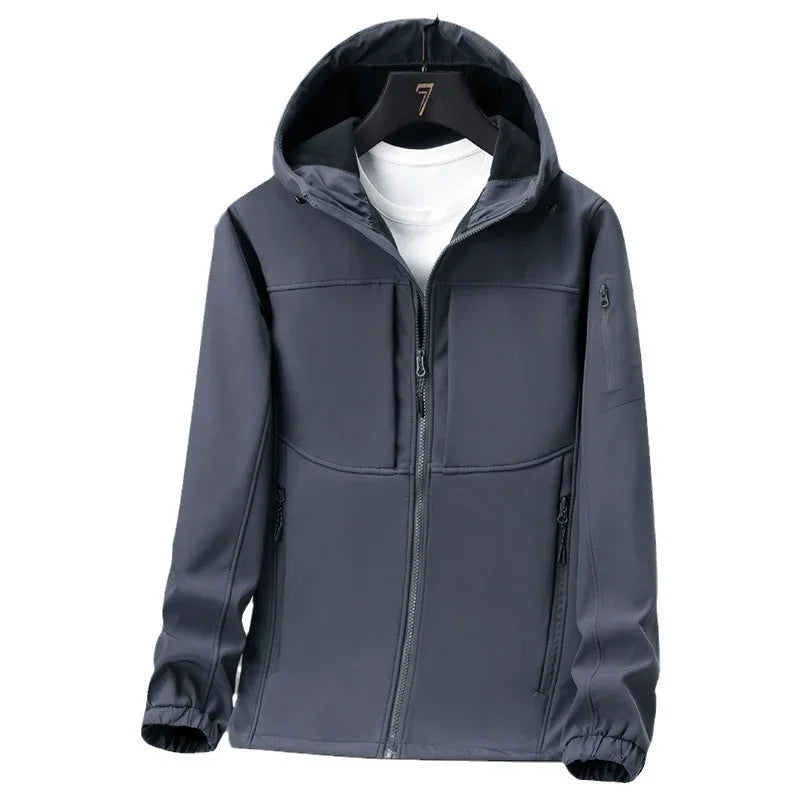 Men's dark gray hooded softshell jacket with front zipper and side pockets