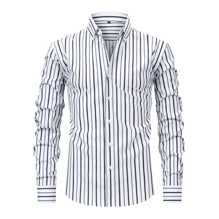 White men's dress shirt with black vertical stripes and button-down collar on white background