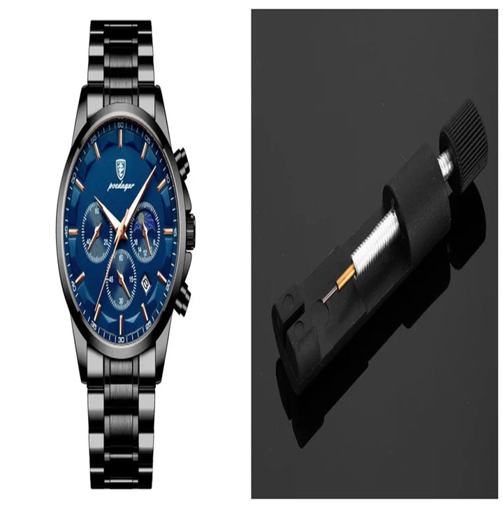 black stainless steel wristwatch with blue dial and a black watch hand remover tool on black surface