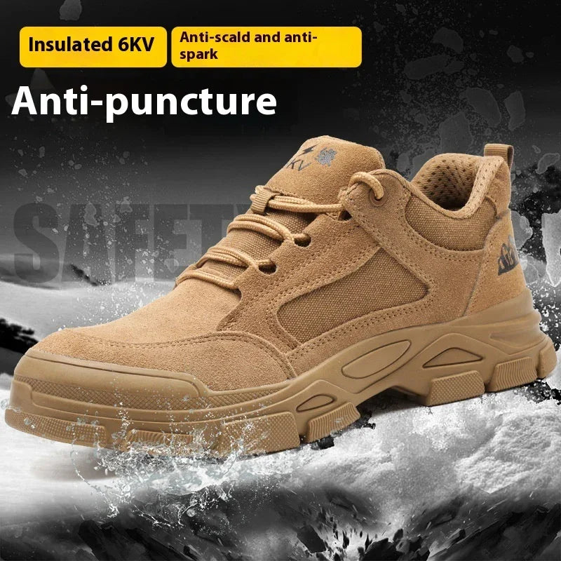 Tan insulated 6KV anti-puncture safety work shoe with rugged sole and water splash