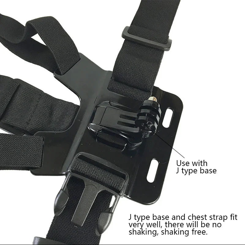 Black nylon adjustable chest strap harness with J type base mount for action camera