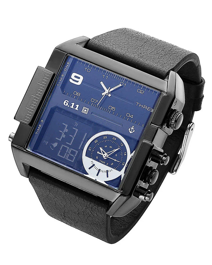 Black leather strap wristwatch with blue square dial featuring analog, digital, and 24-hour subdials