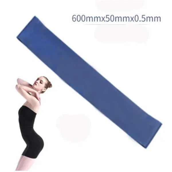 Blue resistance band 600mm x 50mm x 0.5mm with woman in exercise pose