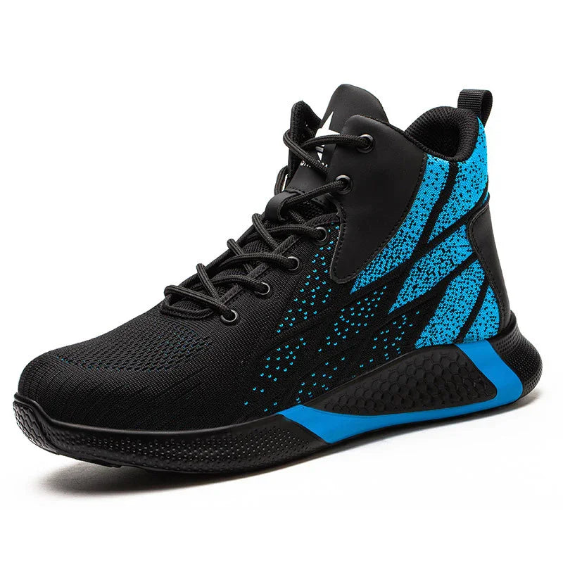Black and blue high-top athletic sneaker with knit fabric and textured sole