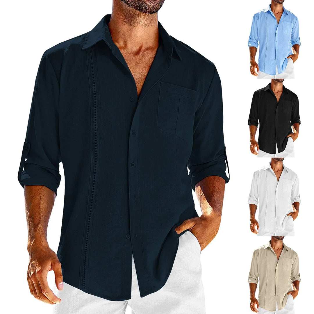 Men's casual button-up shirts with chest pocket and rolled sleeves in black, white, blue, and beige colors