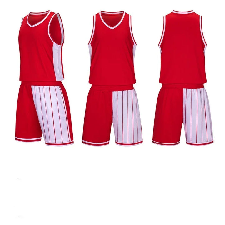 Red and white basketball uniform set with vertical stripe shorts, front and back views