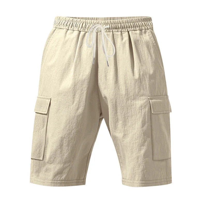 Beige casual cargo shorts with elastic waistband and drawstring, side flap pockets
