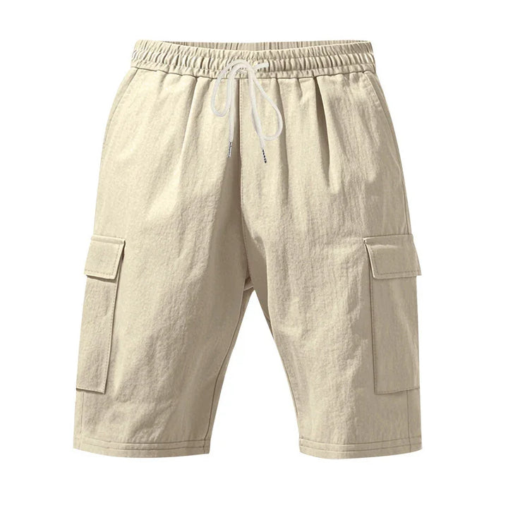 Beige casual cargo shorts with elastic waistband and drawstring, side flap pockets