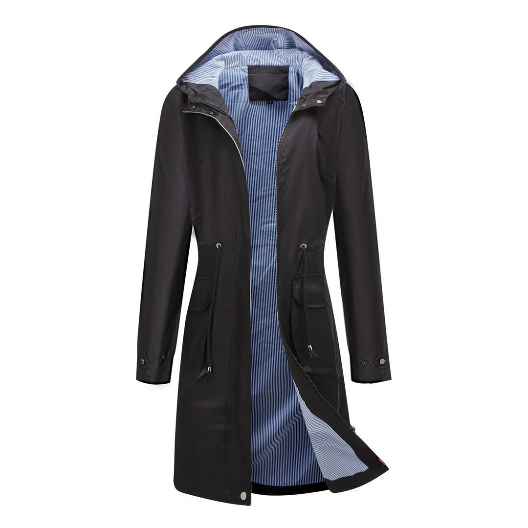 Black waterproof raincoat with hood and blue striped interior lining, front zipper and pockets