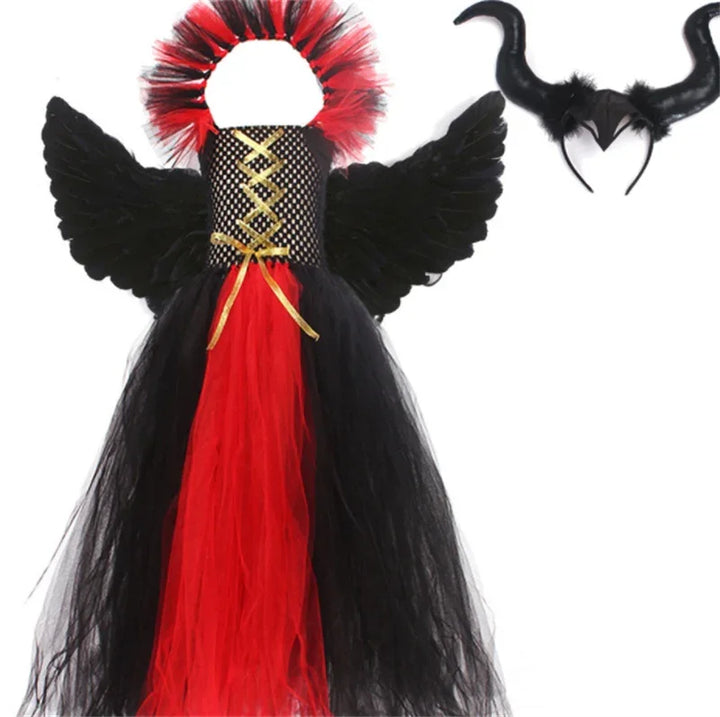 Black and red devil costume with wings, feathered collar, and horned headband for Halloween