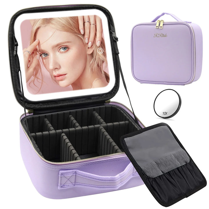 Purple makeup case with customizable compartments, 10X magnifying mirror, inner organizer, and built-in LED vanity mirror