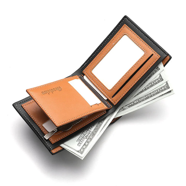 Black and brown leather wallet with USD bills, card slots, and coin pocket on white background