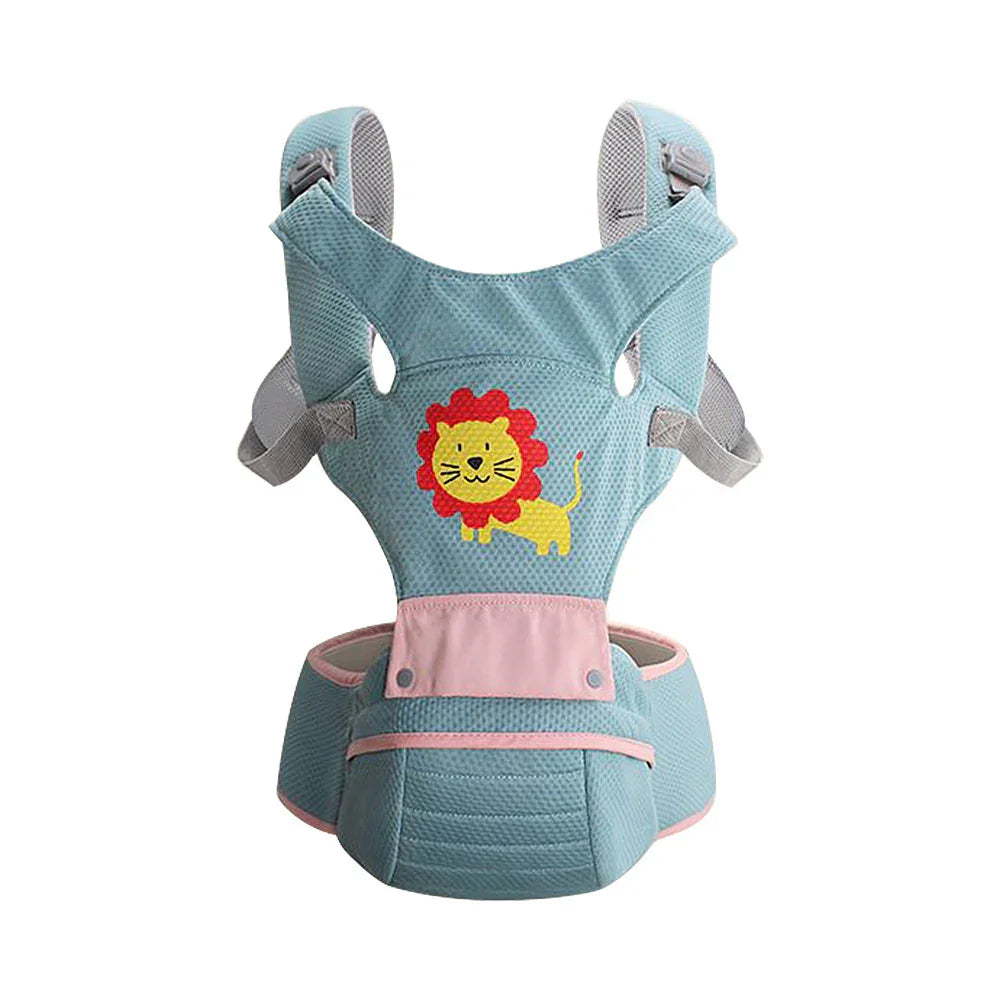 Blue baby carrier with pink accents featuring a cute lion design on front