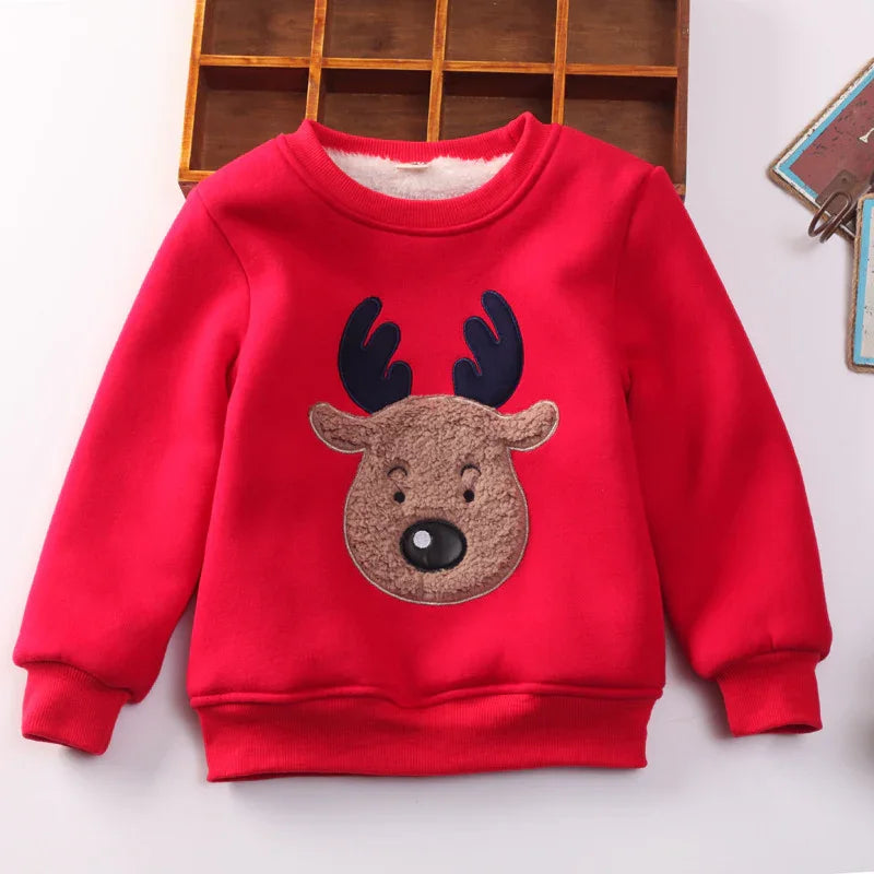 Red children's sweater with a plush reindeer face and navy blue antlers on front