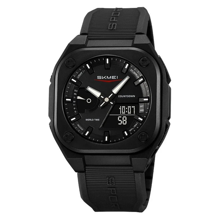 Black SKMEI sports watch with digital-analog display, countdown, world time, and rubber strap