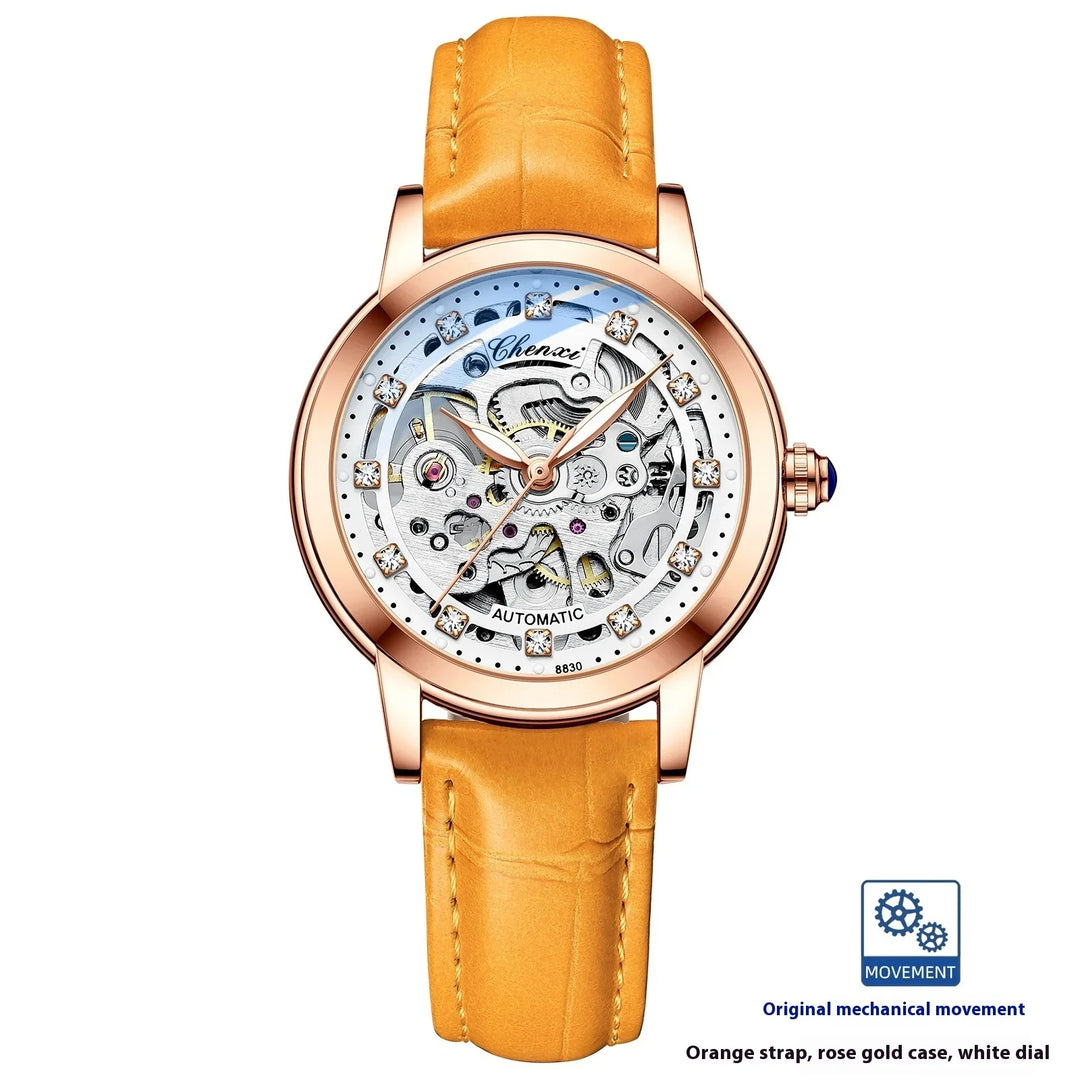 Chenxi automatic mechanical watch with rose gold case, white skeleton dial, and orange leather strap