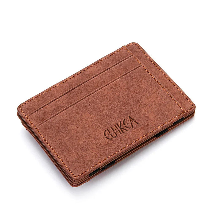 Brown leather card holder wallet with embossed QUIKCA logo and multiple card slots