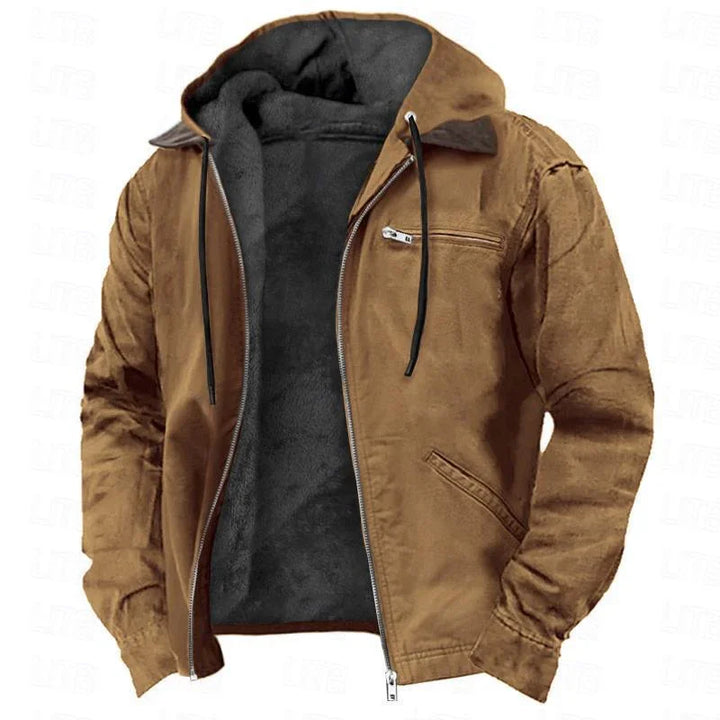 Brown casual jacket with black fleece lining, front zipper, and hoodie with black drawstrings