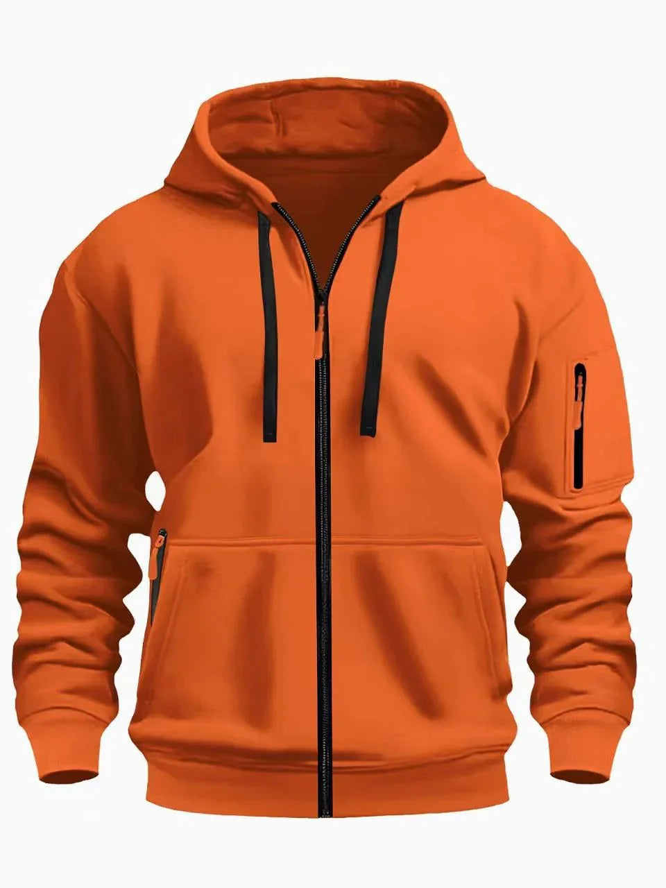 Orange zip-up hoodie with black drawstrings, front pockets, and a zippered sleeve pocket