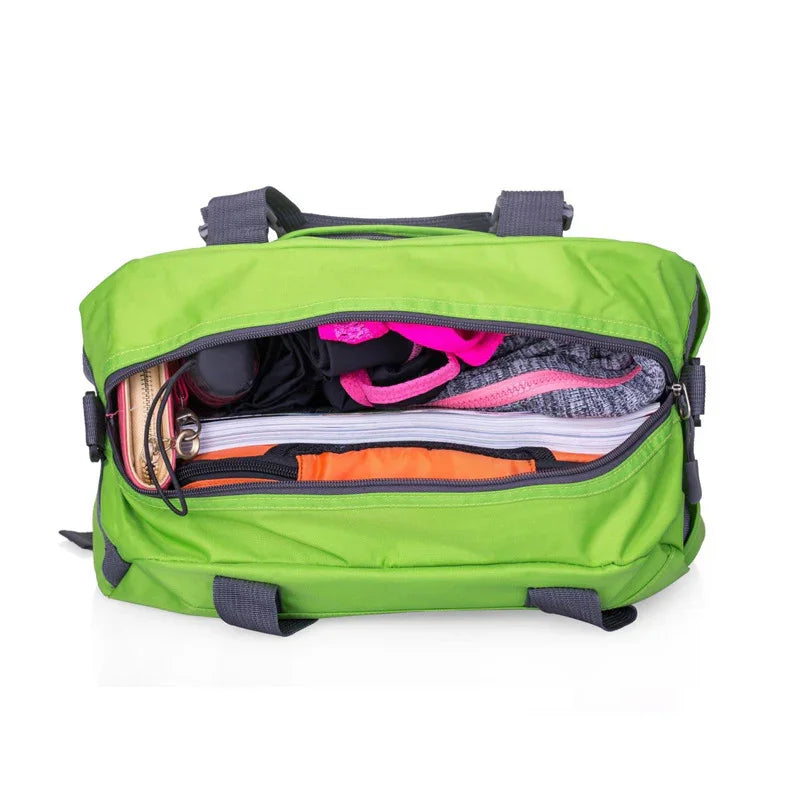 Green gym duffel bag with clothes and accessories organized inside on white background