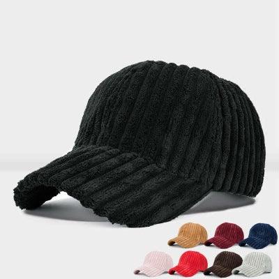 Black ribbed corduroy baseball cap with six color options including beige, red, navy, pink, brown, and grey