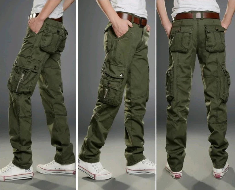 Men's olive green cargo pants with multiple pockets and white sneakers shown from side and back views