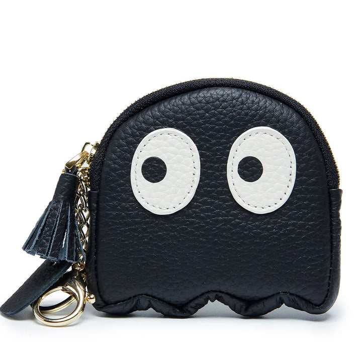 Black leather coin purse shaped like a ghost with large white eyes and a tassel keychain