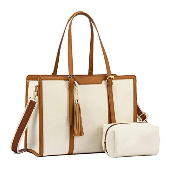 Beige and brown leather-trimmed tote bag with tassel and matching small pouch handbag
